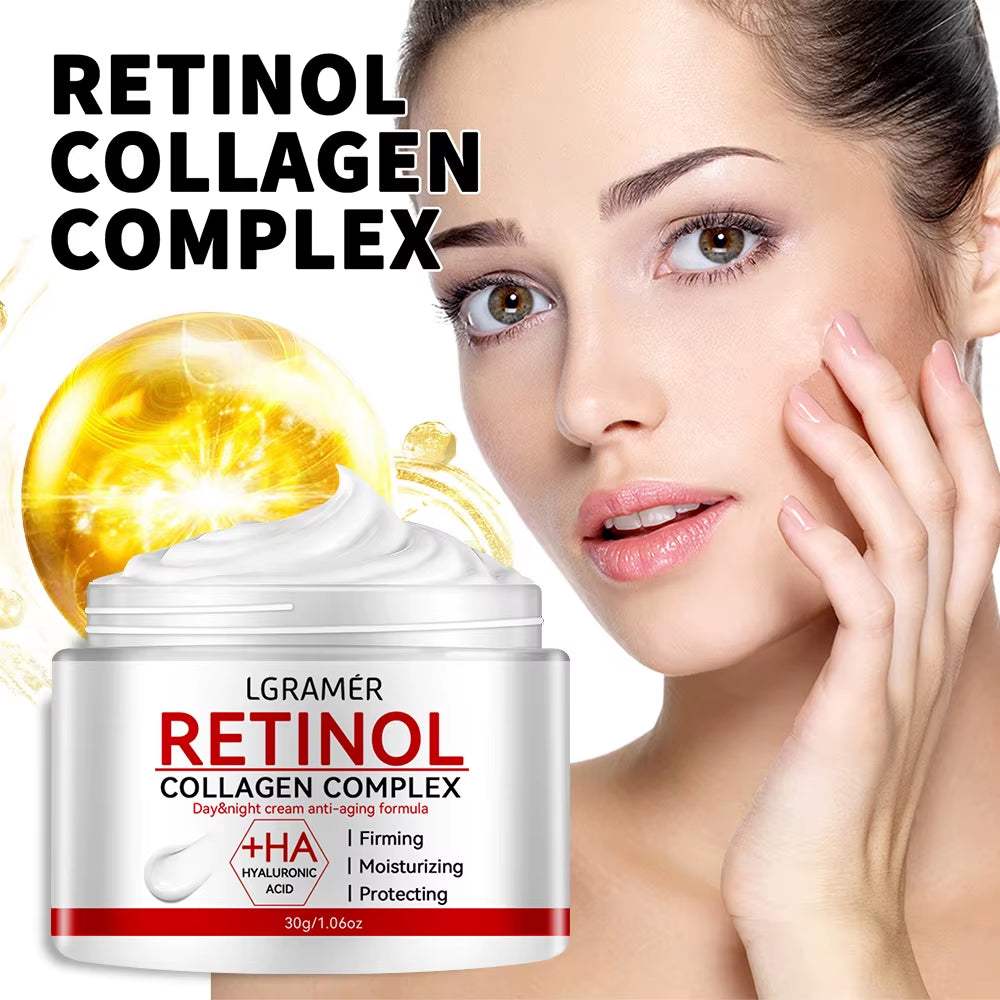 Retinol Lifting Firming Cream in a white jar with red accents, collagen complex label and whipped texture.