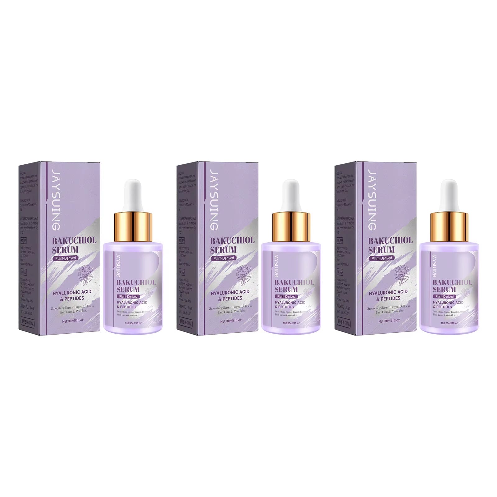 Bakuchiol Facial Rejuvenation Serum in lavender glass dropper bottles with gold caps and matching boxes, shown in a trio.