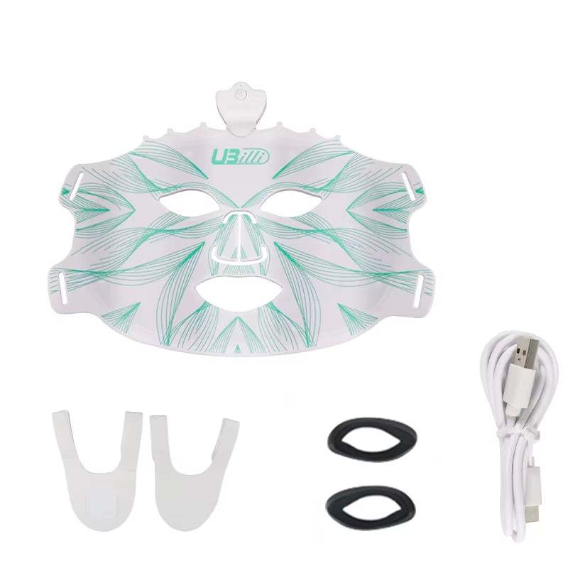 LED Photon Beauty Mask with white silicone face mask, green line pattern, straps, and USB cable