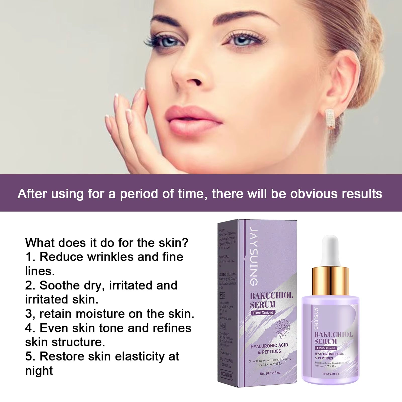 Bakuchiol Facial Rejuvenation Serum in a purple glass dropper bottle with matching box and gold cap