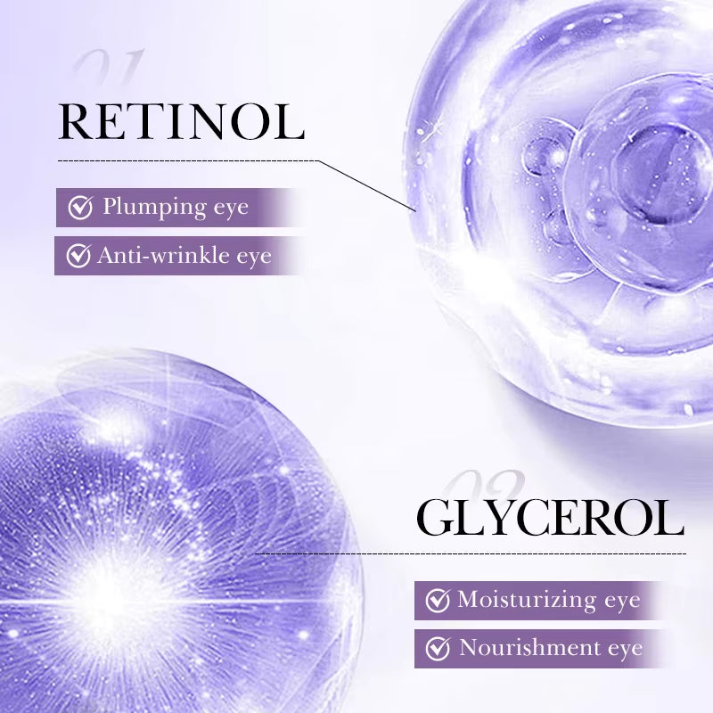 BIOAQUA Retinol eye cream with purple gel texture, featuring moisturizing, nourishing and anti-wrinkle care benefits