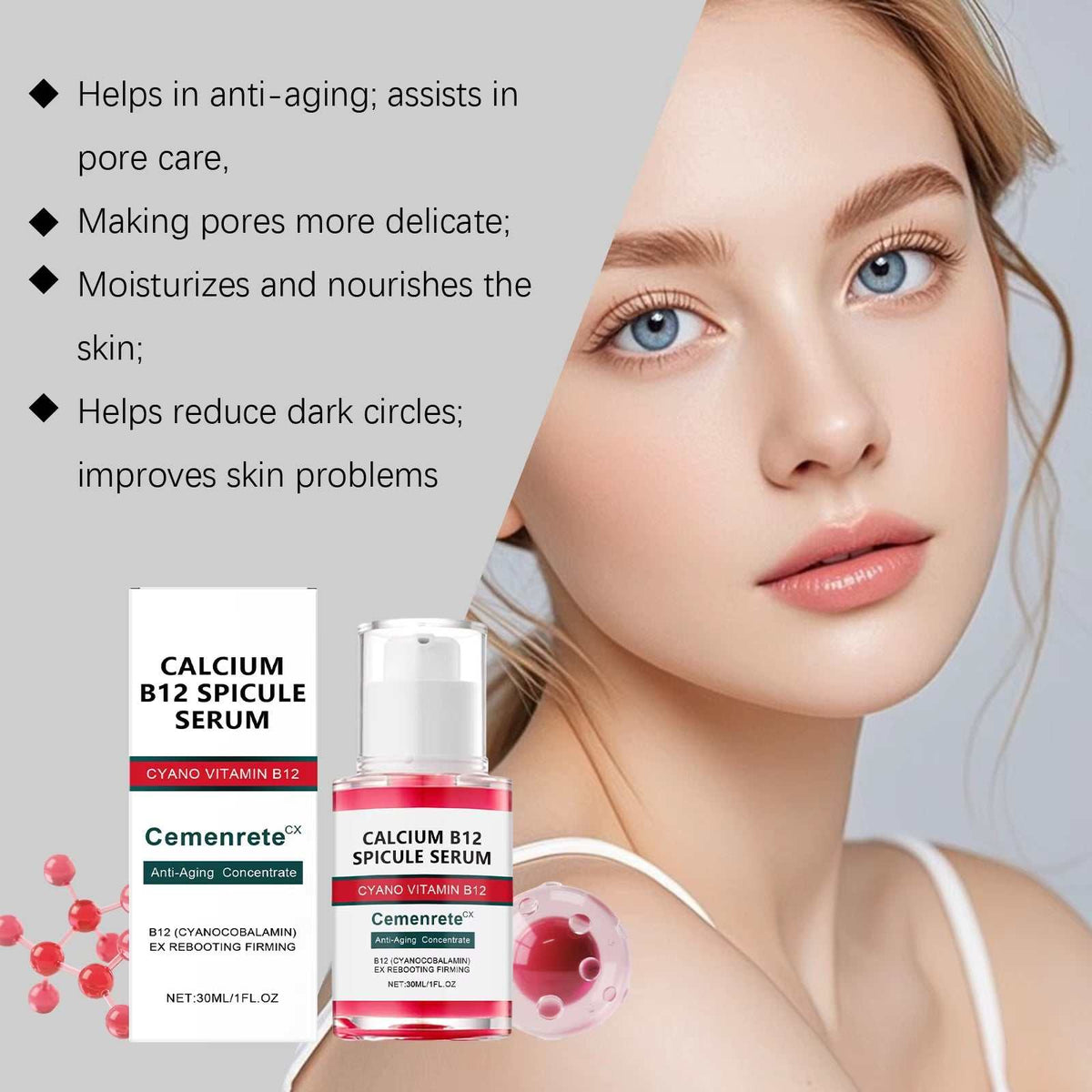 Calcium Skincare Set featuring a clear pump bottle of pink Calcium B12 Spicule Serum in branded packaging