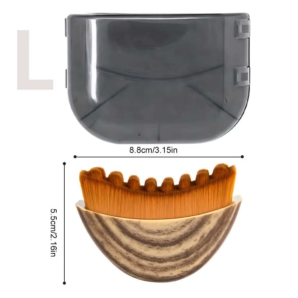Lymphatic Contour Face Brush with brown wood-grain handle and dense orange bristles, plus black travel case