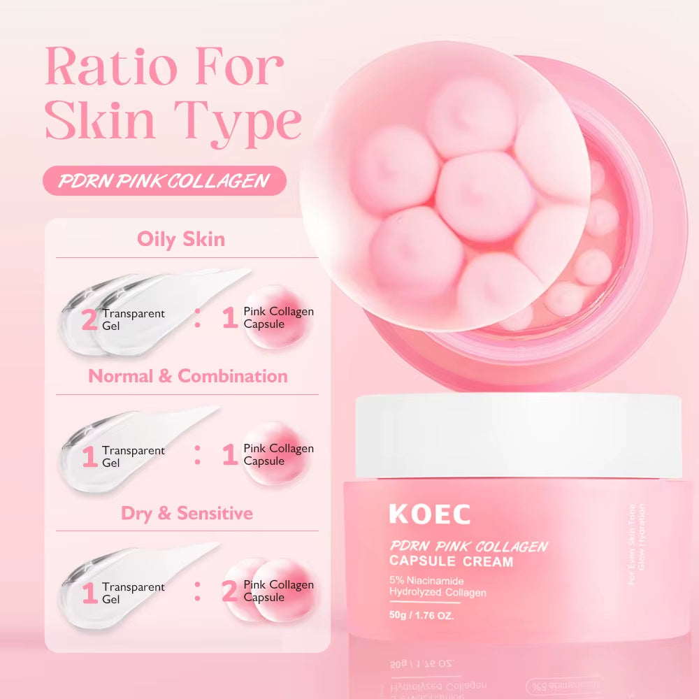 KOEC PDRN Pink Collagen Capsule Cream in a pink jar with cooling gel and visible pink capsules