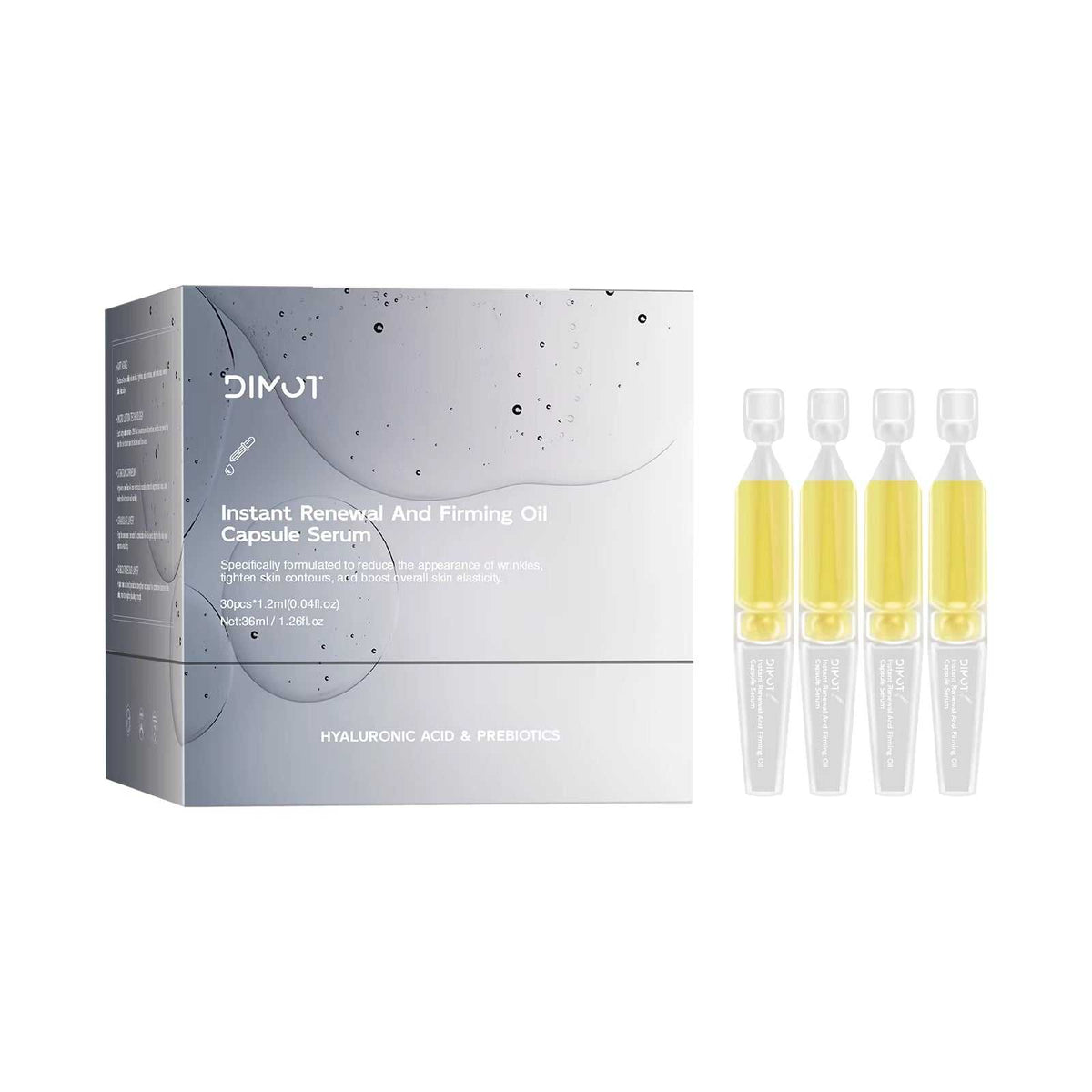 PDRN Serum set with silver box and ten clear ampoules containing yellow serum, featuring a capsule design
