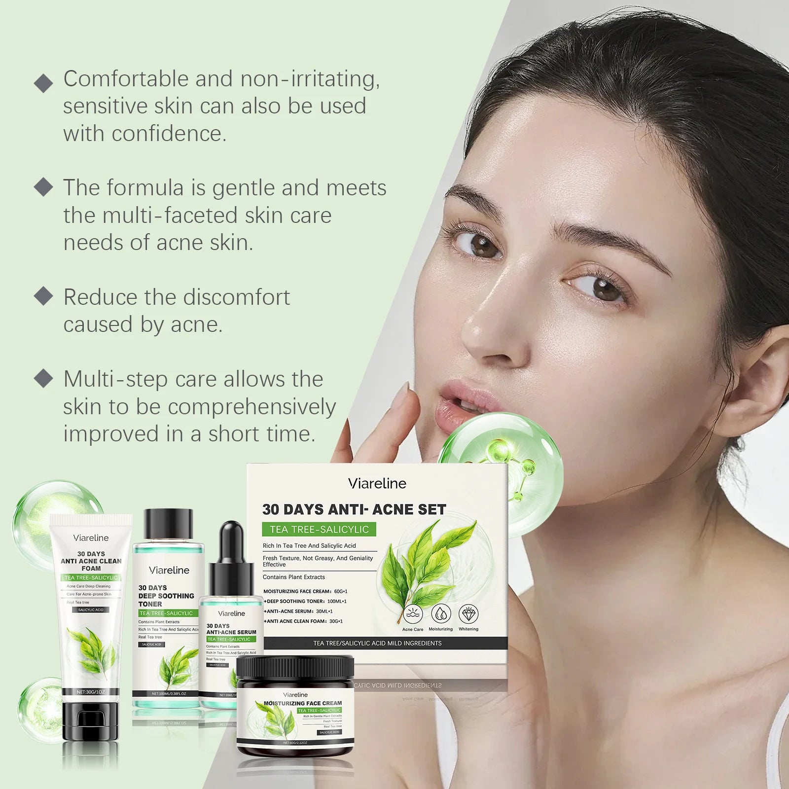 Viareline Salicylic Acid Skin Care Set Daily Moisturizing Enhance Smoothness Gentle Acne Treatment Non-greasy Skin Care Set