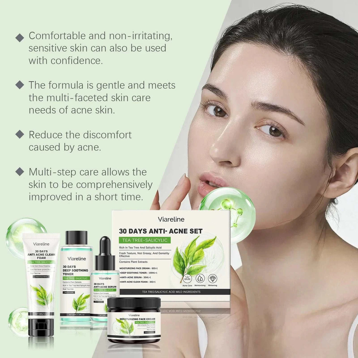 Salicylic acid skincare set with green tea packaging, including cleanser, serum, cream, and acne care products; Viareline Salicylic Acid