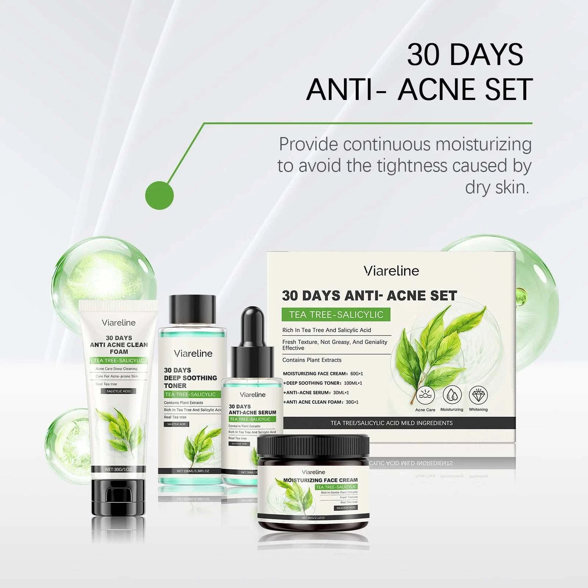 Viareline Salicylic Acid skincare set with cream, serum, cleanser and toner in white packaging