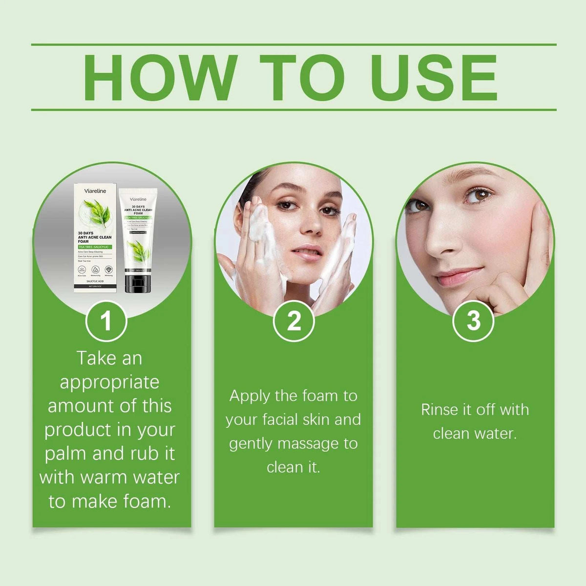 Viareline Salicylic Acid foaming facial cleanser usage guide with green three-step skincare instructions and product images