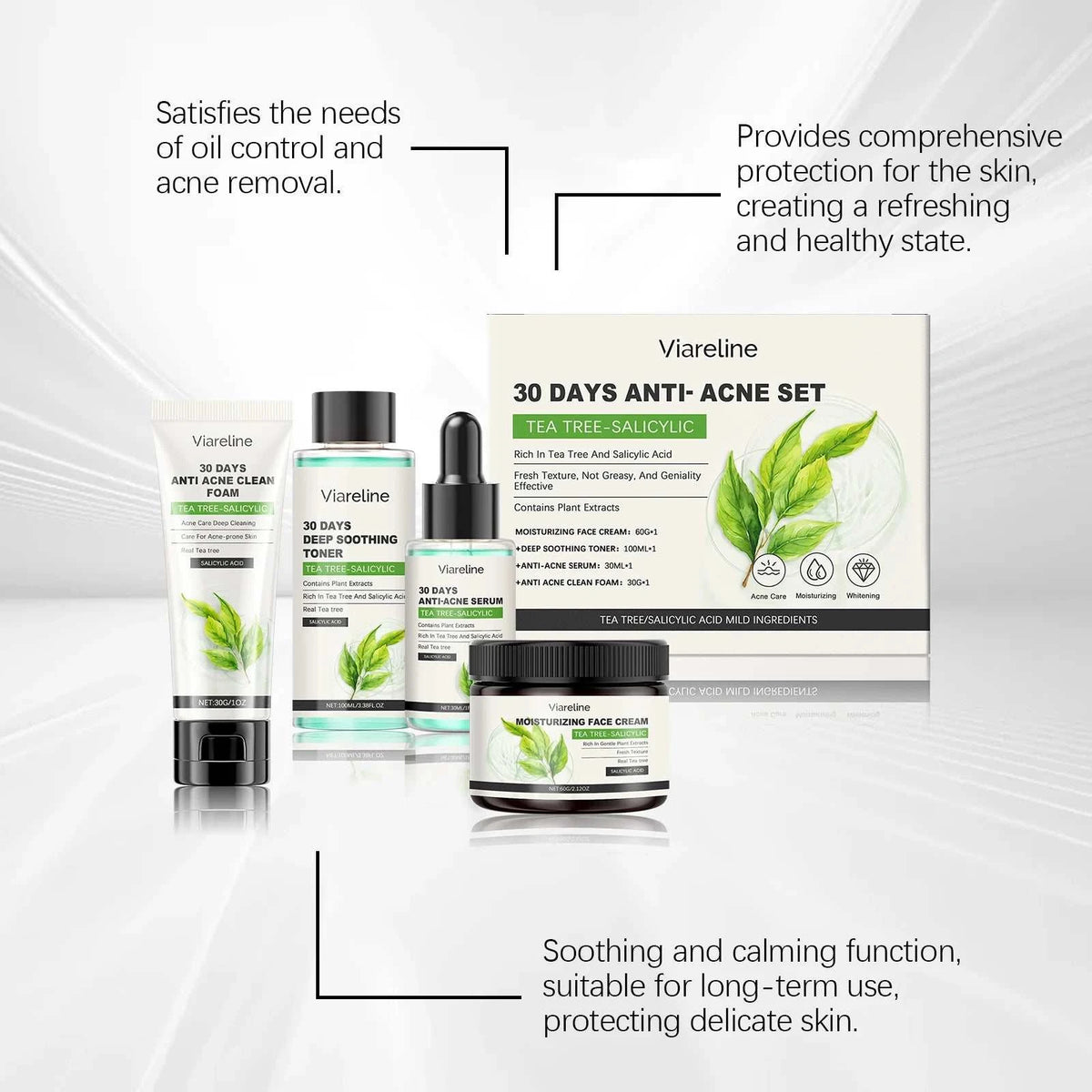 Viareline Salicylic Acid skincare set with green leaf packaging, including cleanser, toner, serum, cream, and boxed products