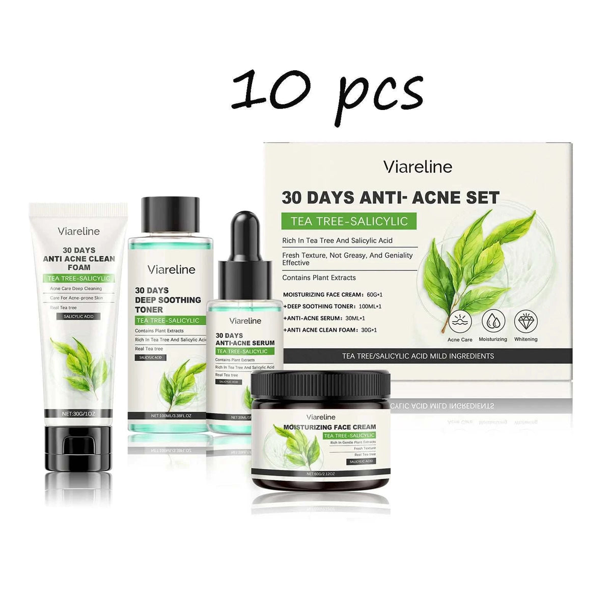 Viareline Salicylic Acid skincare set with white packaging, green leaf graphics, and multiple acne-care products