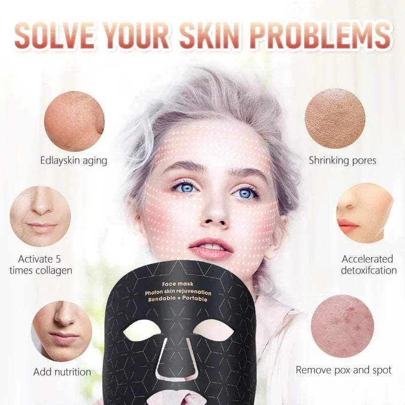 Face Photon Rejuvenation black plastic facial mask with hexagonal pattern and cutouts for eyes, nose, and mouth shown on woman demonstrating skin benefits