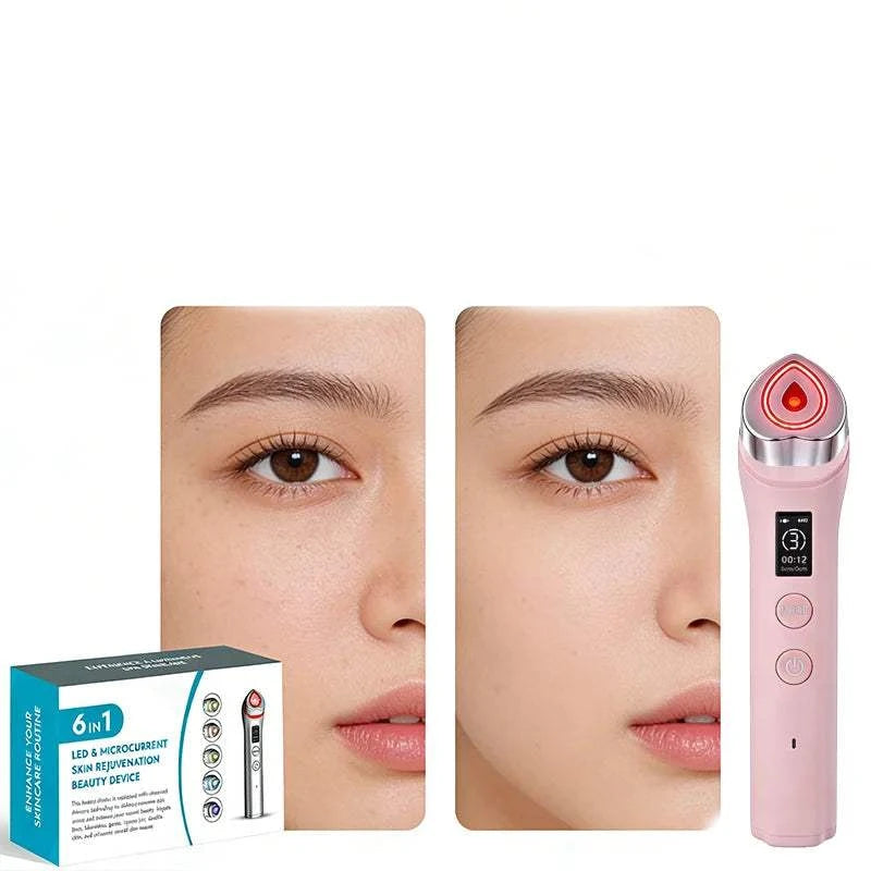 Facial beauty wand, pink plastic with metallic tip, LED display, red light, and 6 In 1 Multifunctional skincare features
