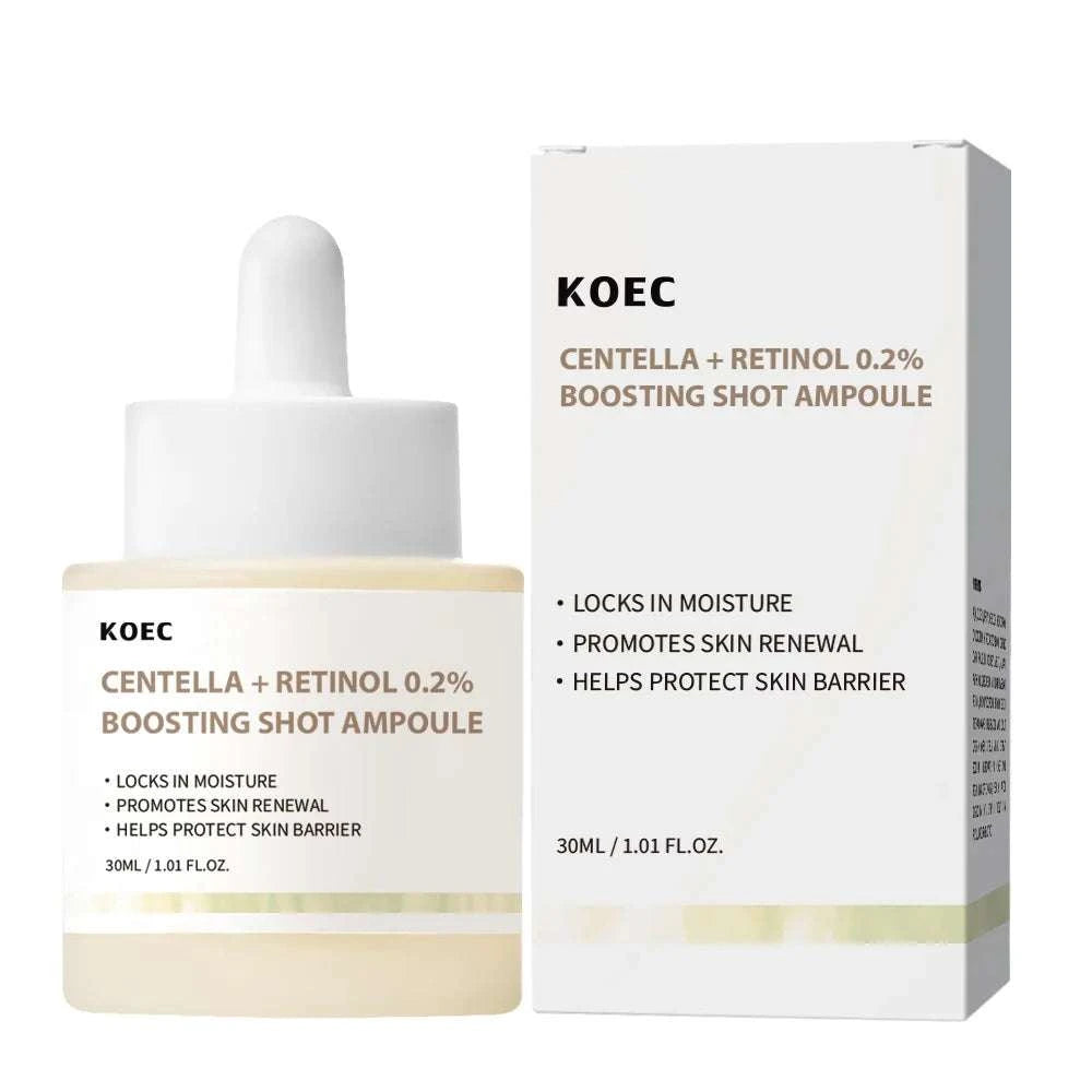 Ampoule serum with a white dropper bottle and box, featuring the Centella Retinol Boosting Shot formula and 30ml size