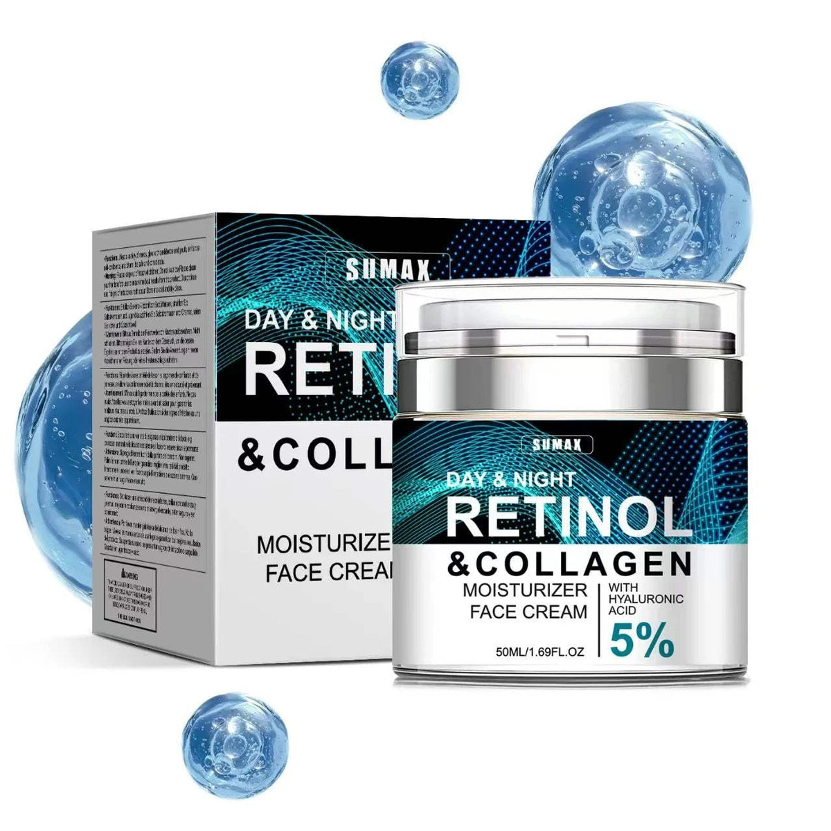 Anti-aging Retinol face cream in a silver jar and matching box, with blue bubble graphics and 5% hyaluronic acid label