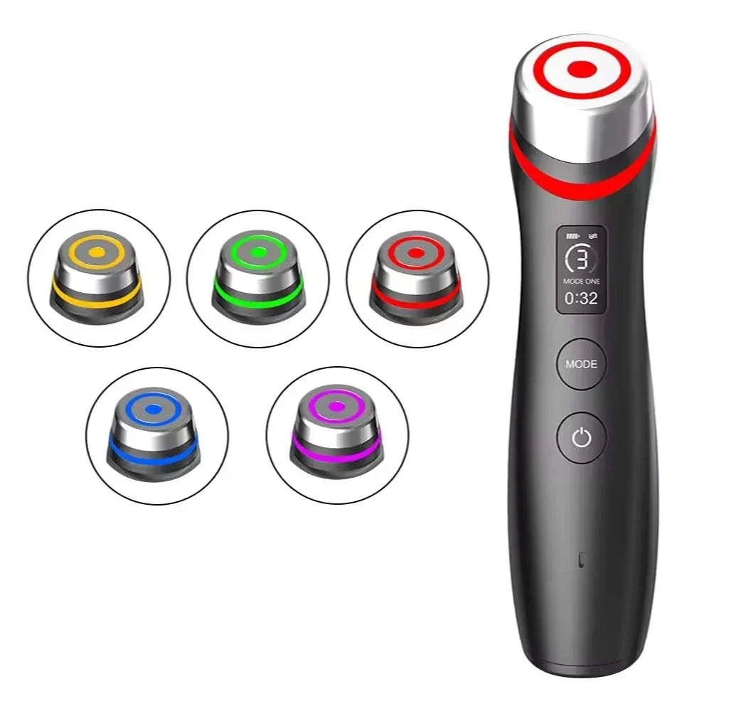 Age Booster Pro LED Facial Massage Tool, black handheld device with silver head and red LED ring, five colour options shown