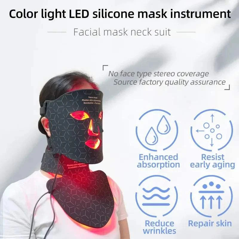 LED Light Therapy Facial Mask, black silicone with geometric pattern and glowing red LED panels for facial care