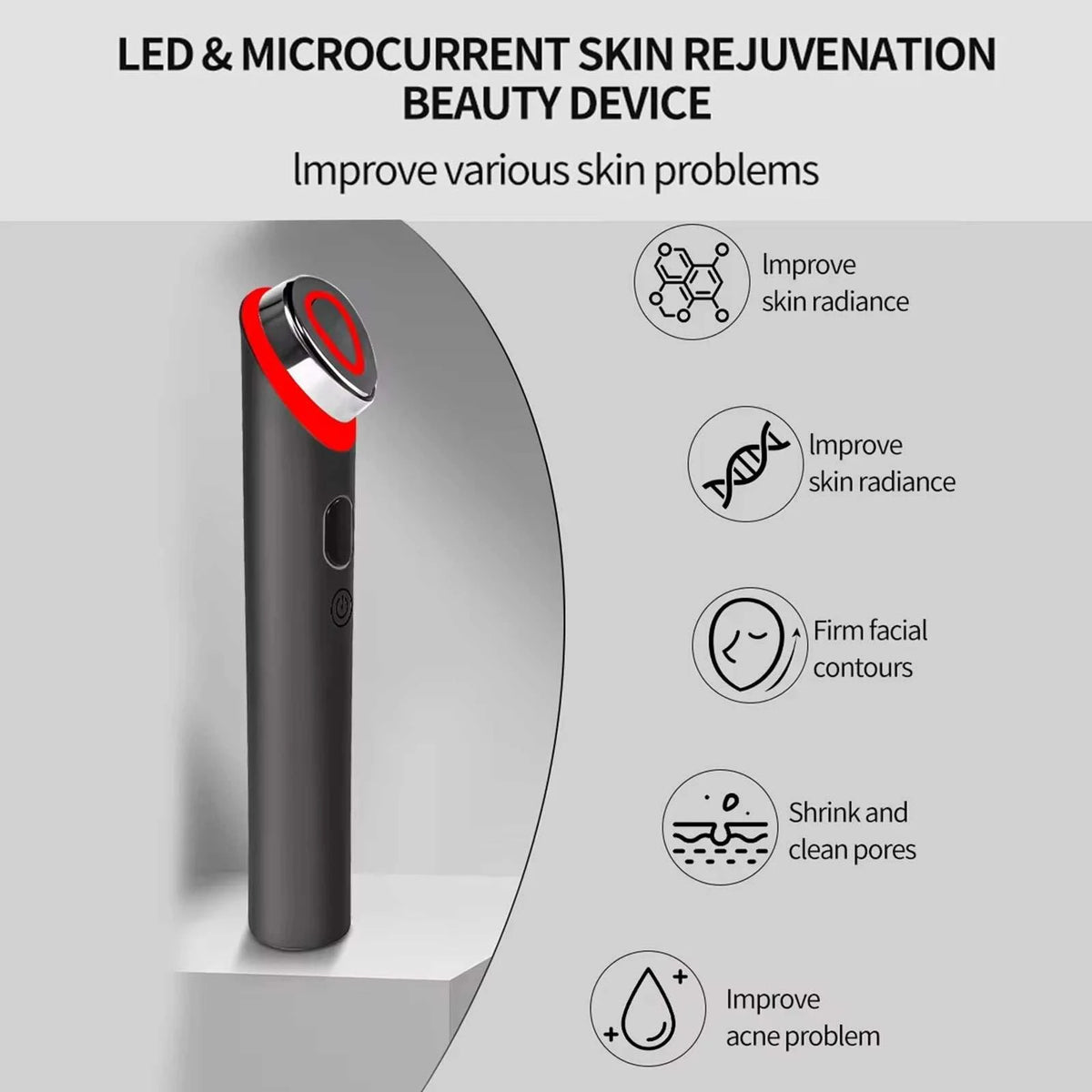 7 Colors Age-R Booster facial massager, black plastic with red trim and oval treatment head for skincare support