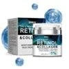 Anti-aging Retinol face cream in a white jar with blue label, shown with matching box and blue water-drop accents