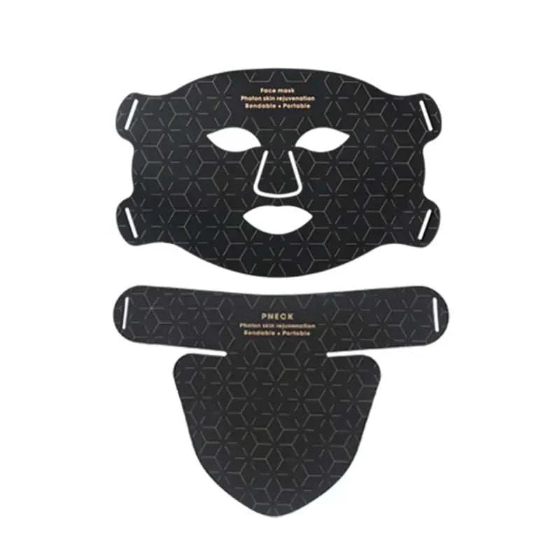 LED Light Therapy Facial Mask, black silicone face mask with separate neck and chin panels, geometric pattern
