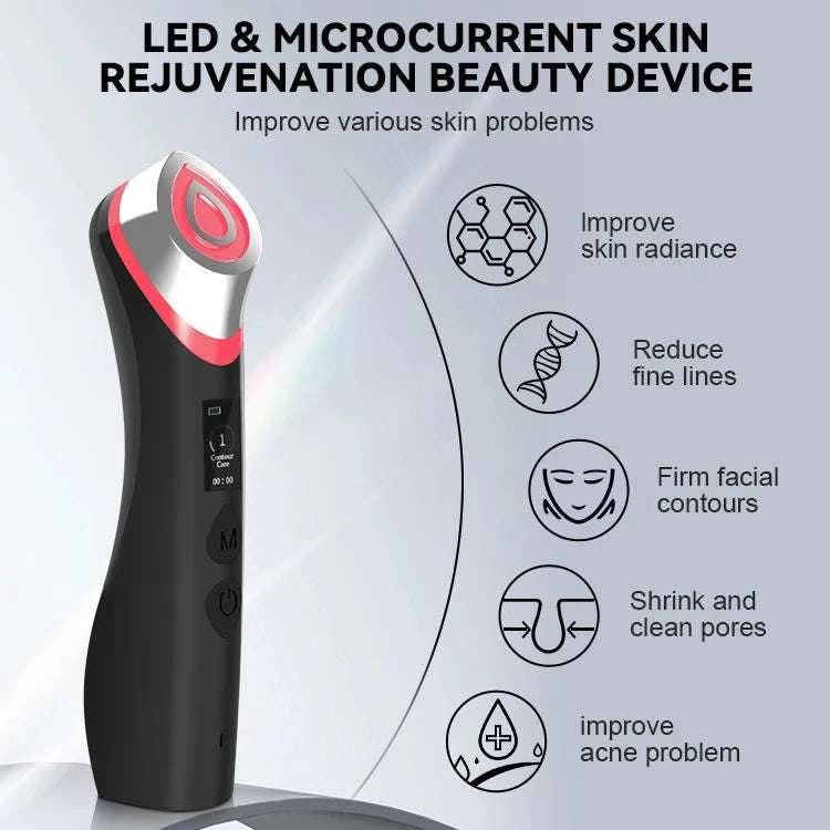 LED facial skincare device in black plastic with silver and red accents, curved handle and illuminated treatment head. Glass Glow Booster