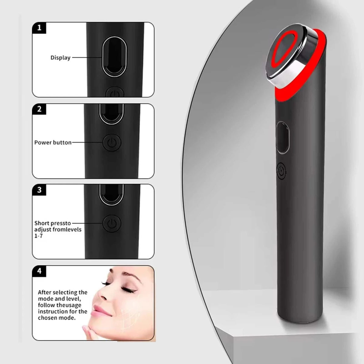 7 Colors Age-R Booster facial massager, black plastic handheld device with red-trimmed circular treatment head and display.