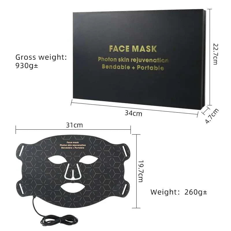 LED Light Therapy Facial Mask in black silicone with geometric pattern, eye cutouts and adjustable straps, with carrying case