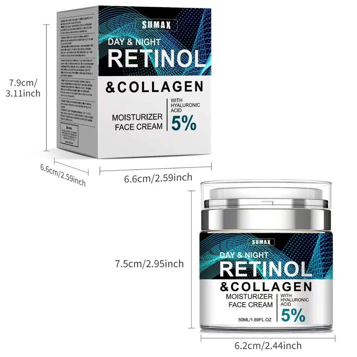 Anti-aging Retinol face cream in a silver jar and box, with blue-and-white labeling and 5% hyaluronic acid.