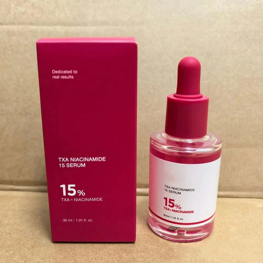 Pink Glow Peptide Serum in a clear glass dropper bottle with deep pink packaging and TXA niacinamide label