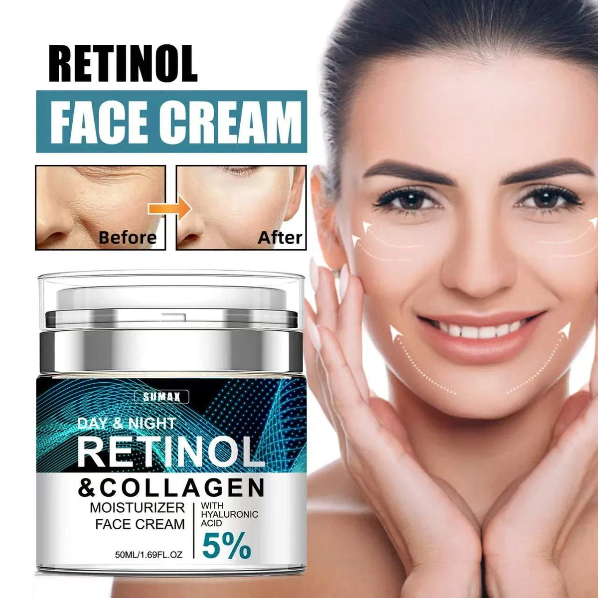 Face cream jar with silver lid, black and teal retinol collagen label, 5% hyaluronic acid; Anti-aging Retinol formula