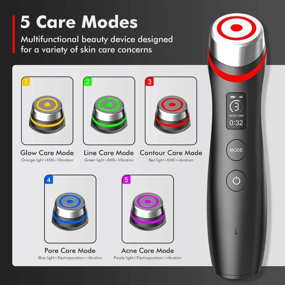Age Booster Pro LED Facial Massage Tool, black handheld device with silver head and red LED ring