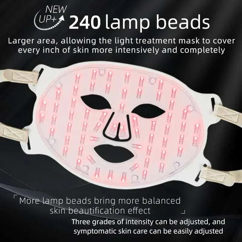 LED Light Therapy Facial Mask in pale pink silicone with 240 red LED lamp beads and adjustable straps