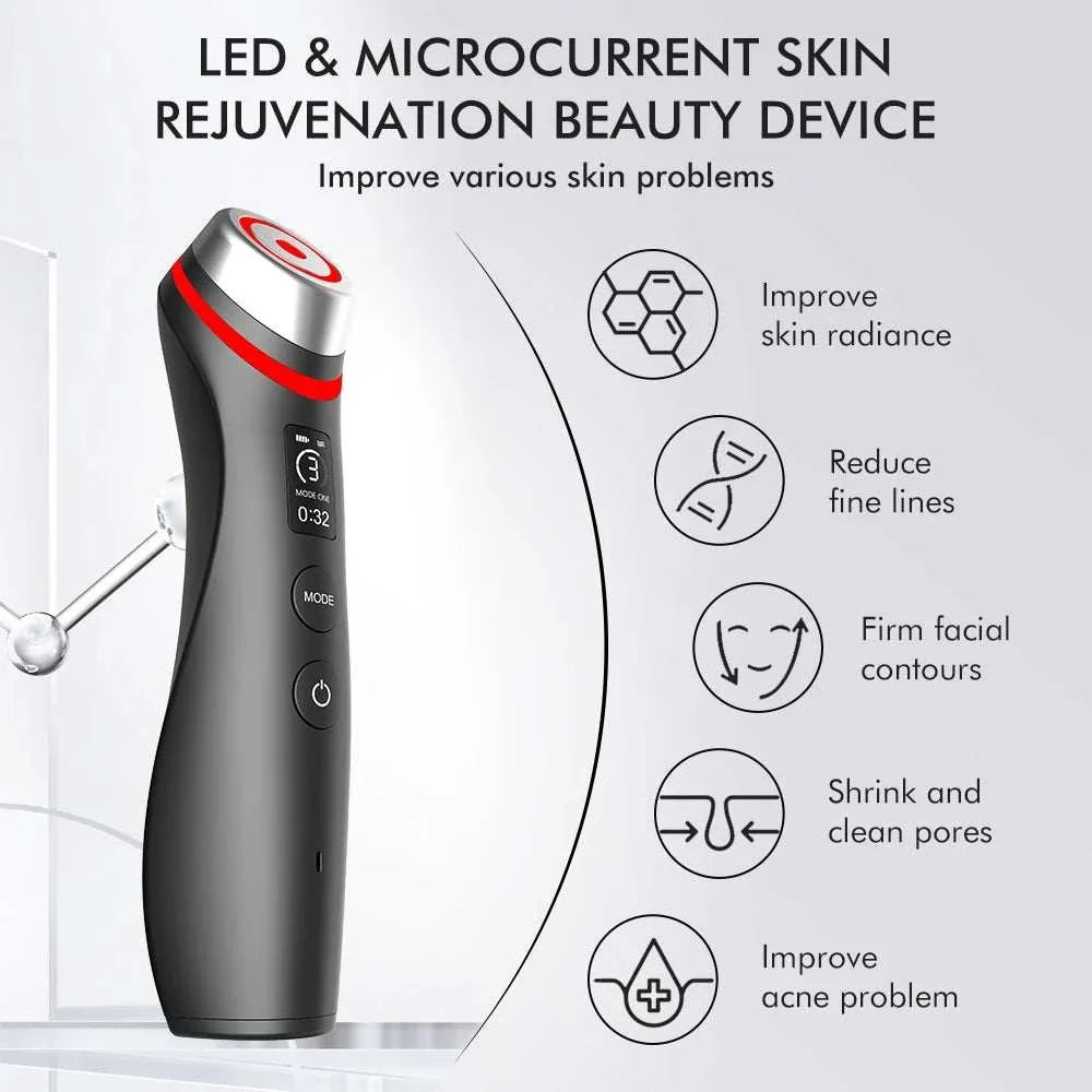 Age Booster Pro LED Facial Massage Tool, black handheld device with red accent and stainless steel treatment head