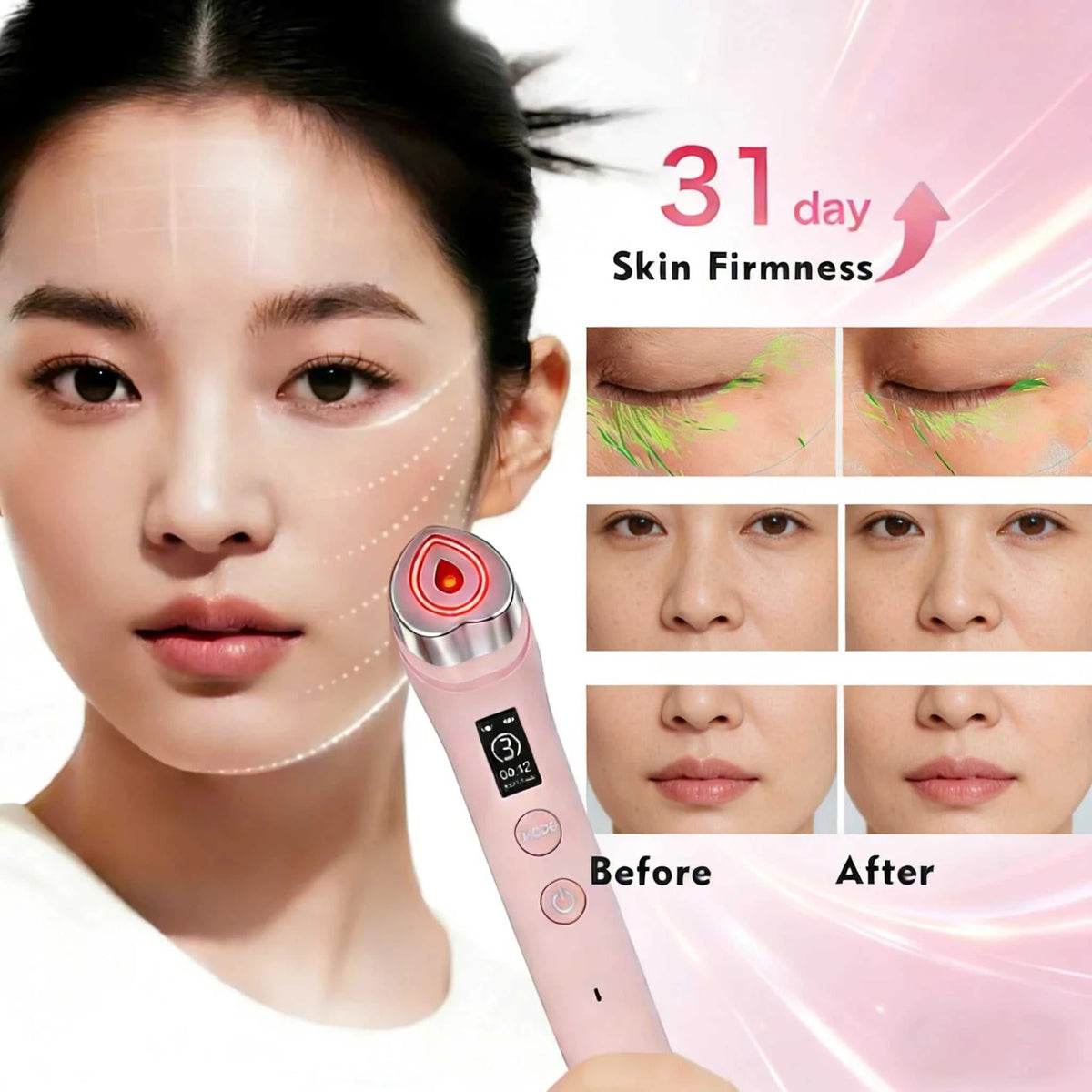 Facial skin therapy tool in pink plastic with a red LED head and handheld wand design, 6 In 1 Multifunctional