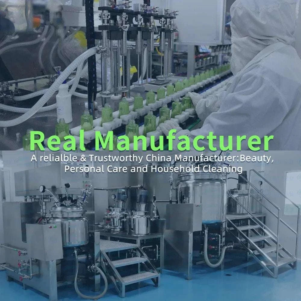 Pink Glow Peptide Serum production line with green cosmetic bottles and stainless steel filling equipment in a factory