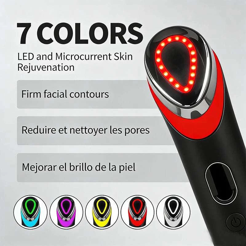 7 Colors Age-R Booster facial massager in black and red plastic with oval LED light ring and handheld design