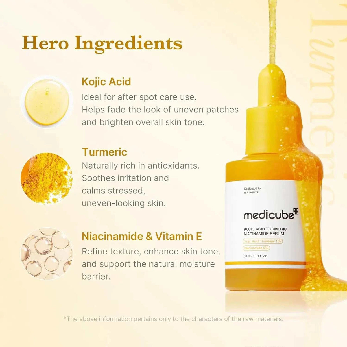 Facial Capsule Serum in a clear yellow dropper bottle, featuring a brightening kojic acid turmeric formula and label