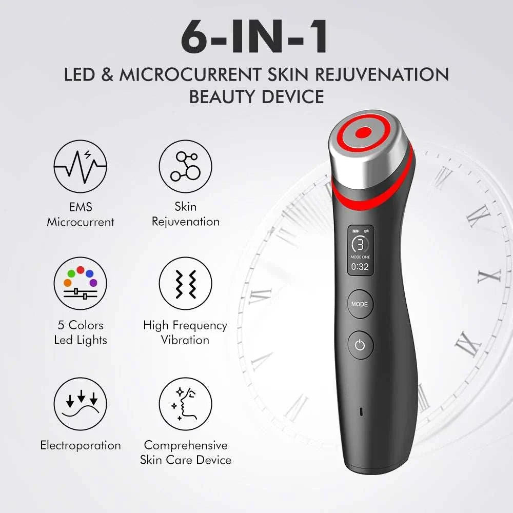 Age Booster Pro LED Facial Massage Tool, black ABS handheld device with stainless steel head and red accents