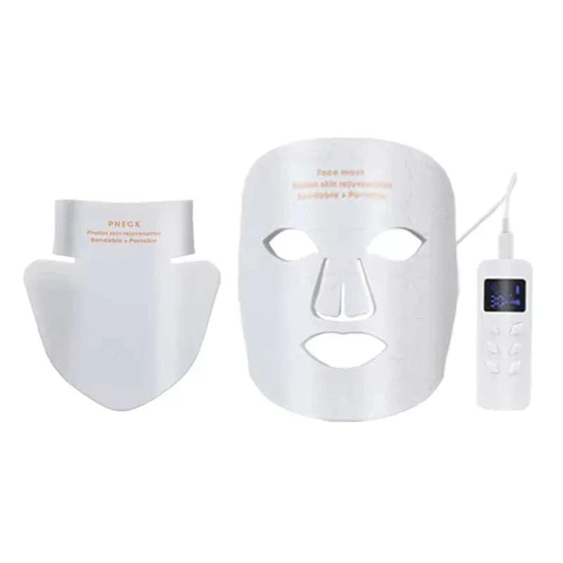 LED Light Therapy Facial Mask in white silicone with matching neck cover and handheld LED control unit