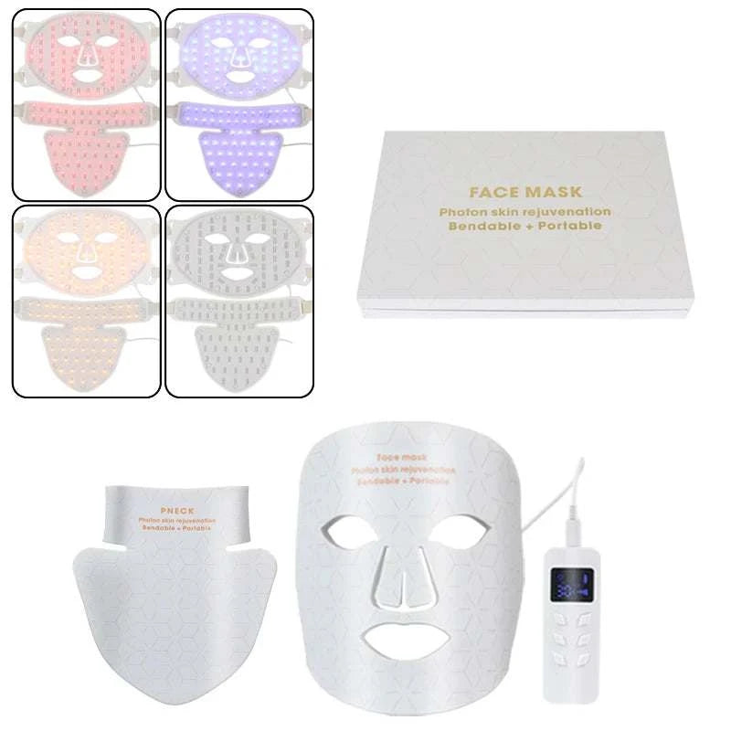 LED Light Therapy Facial Mask in white silicone with cutout design, controller, chin strap and four light colour options
