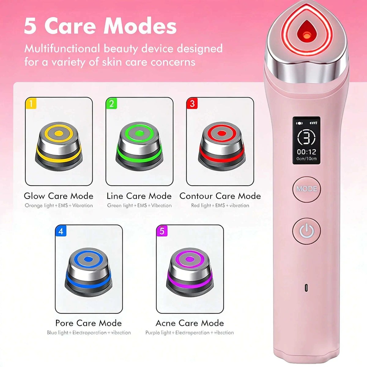6 In 1 Multifunctional pink handheld facial beauty wand with metallic head and five coloured care modes.
