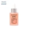 PDRN Peptide Face Serum in a clear glass bottle with pink label and white dropper cap, 5-in-1 formula