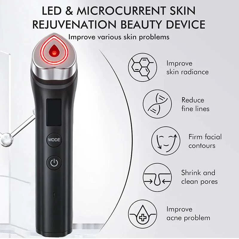 6 In 1 Multifunctional facial skin therapy wand in black plastic with metallic head and red LED light