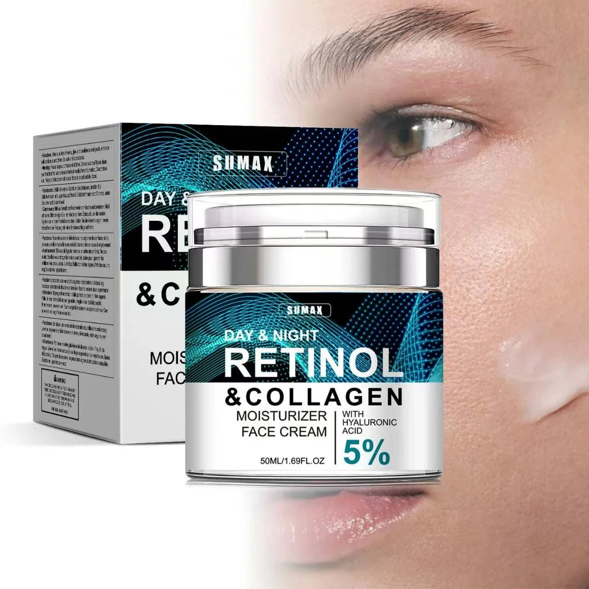 Anti-aging Retinol face cream in a silver jar, with blue patterned label, collagen and 5% hyaluronic acid variants
