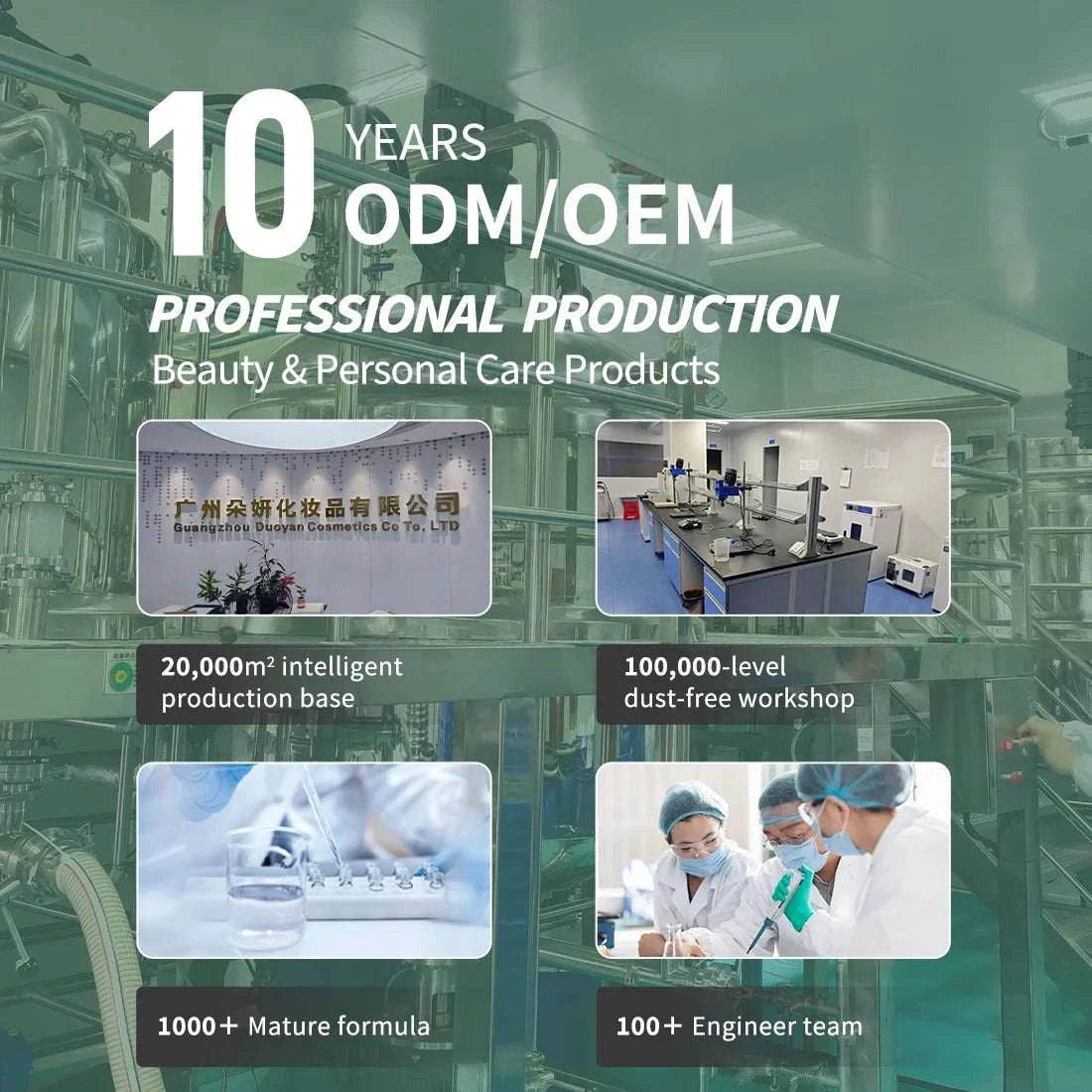 PDRN Peptide Face Serum product infographic highlighting professional cosmetic manufacturing facilities and formulation expertise