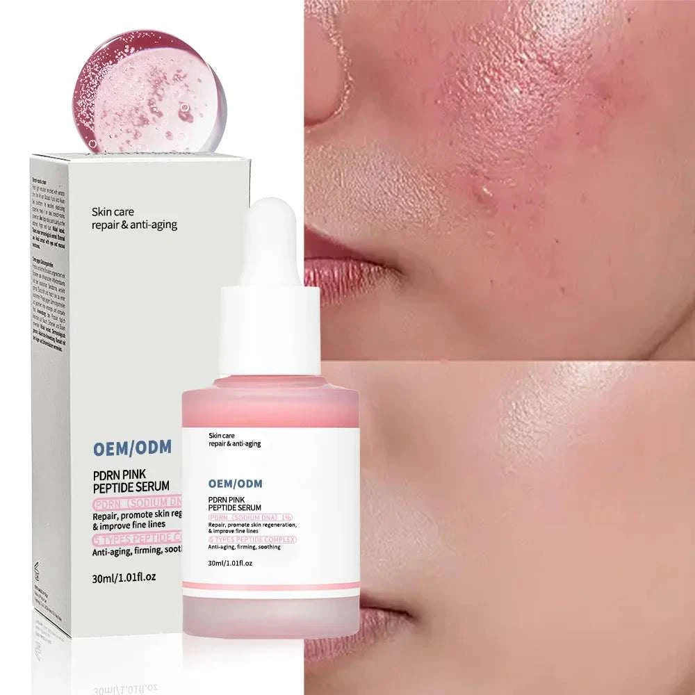 PDRN Peptide Face Serum in a pink glass dropper bottle, with repair and anti-aging skincare packaging