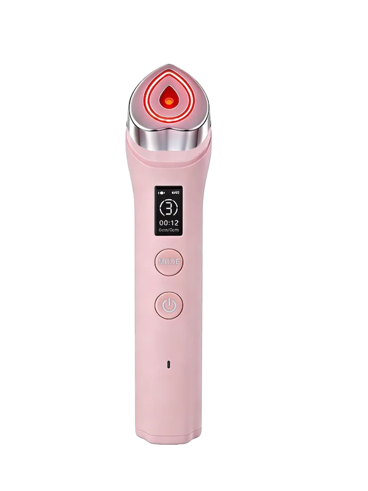 6 In 1 Multifunctional facial skin therapy wand in pink plastic with metallic head, display and two buttons