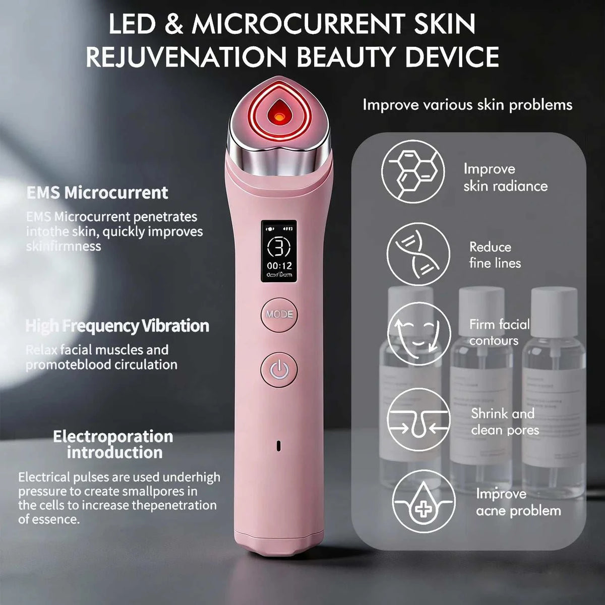 Facial beauty device, pink plastic wand with LED and microcurrent features, 6 In 1 Multifunctional skincare tool