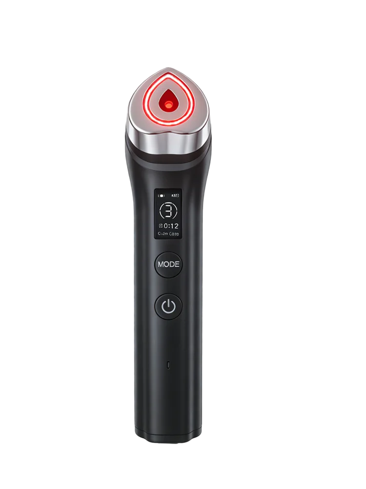 Facial skin therapy tool, black plastic wand with silver head and red illuminated teardrop-shaped tip, 6 In 1 Multifunctional