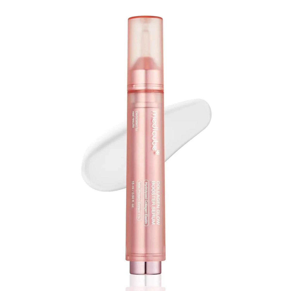 Collagen Glow Booster Milk Serum in a slim rose-pink metallic tube with a clear cap and pump applicator